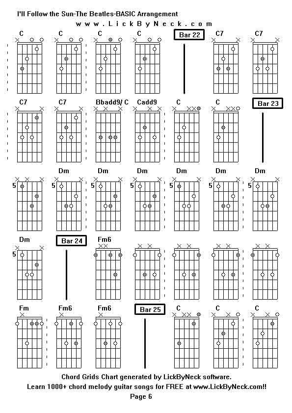 Chord Grids Chart of chord melody fingerstyle guitar song-I'll Follow the Sun-The Beatles-BASIC Arrangement,generated by LickByNeck software.